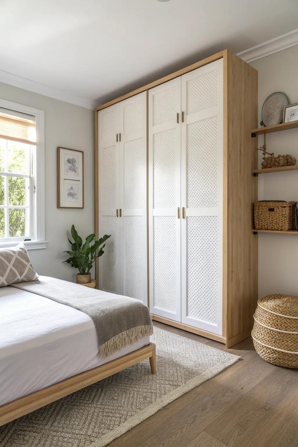 Corner-installed wall bed that folds away—minimal, airy, and perfect for tiny rooms.