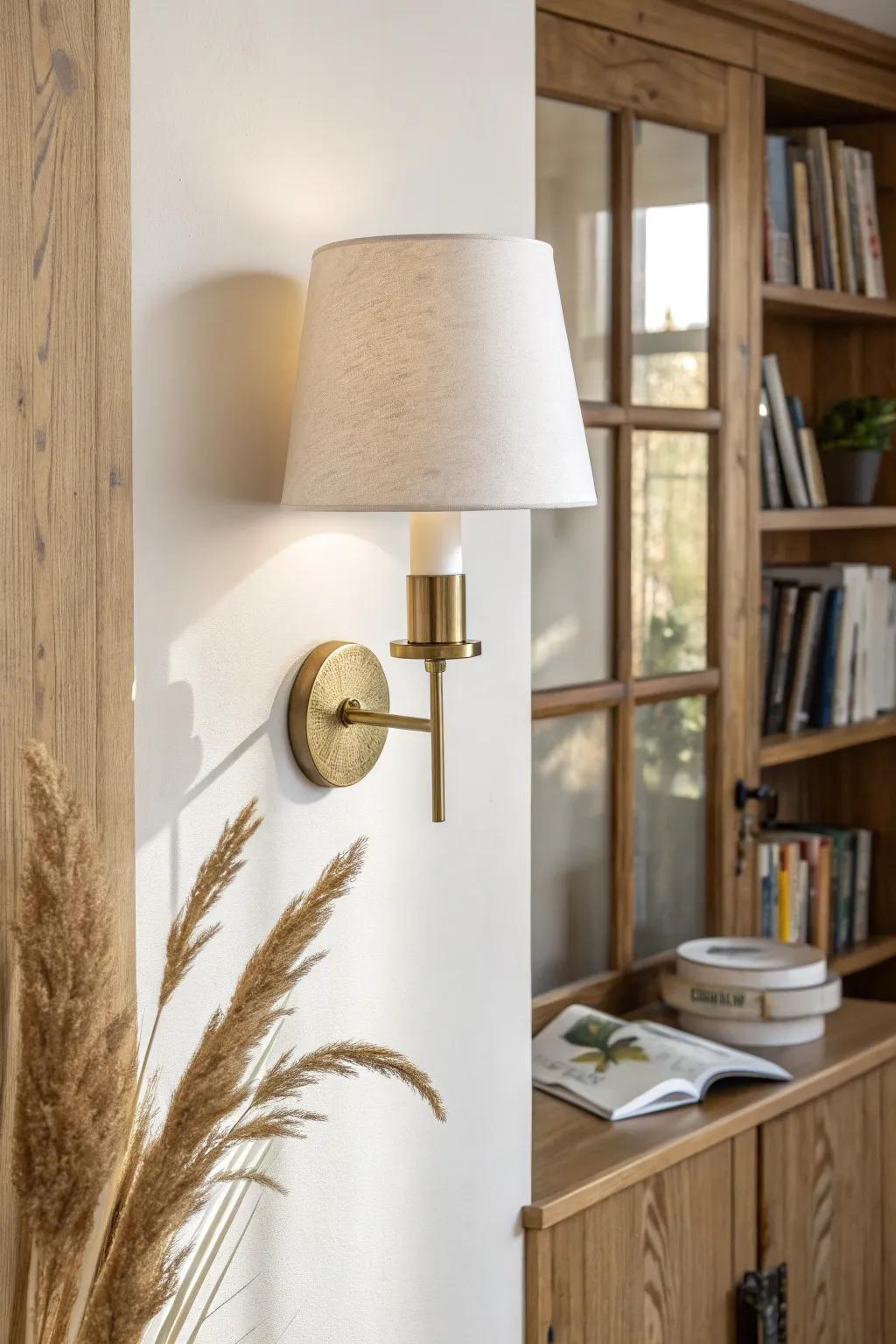 A warm wall sconce makes a tiny library corner feel designed—and perfect for late-night chapters.