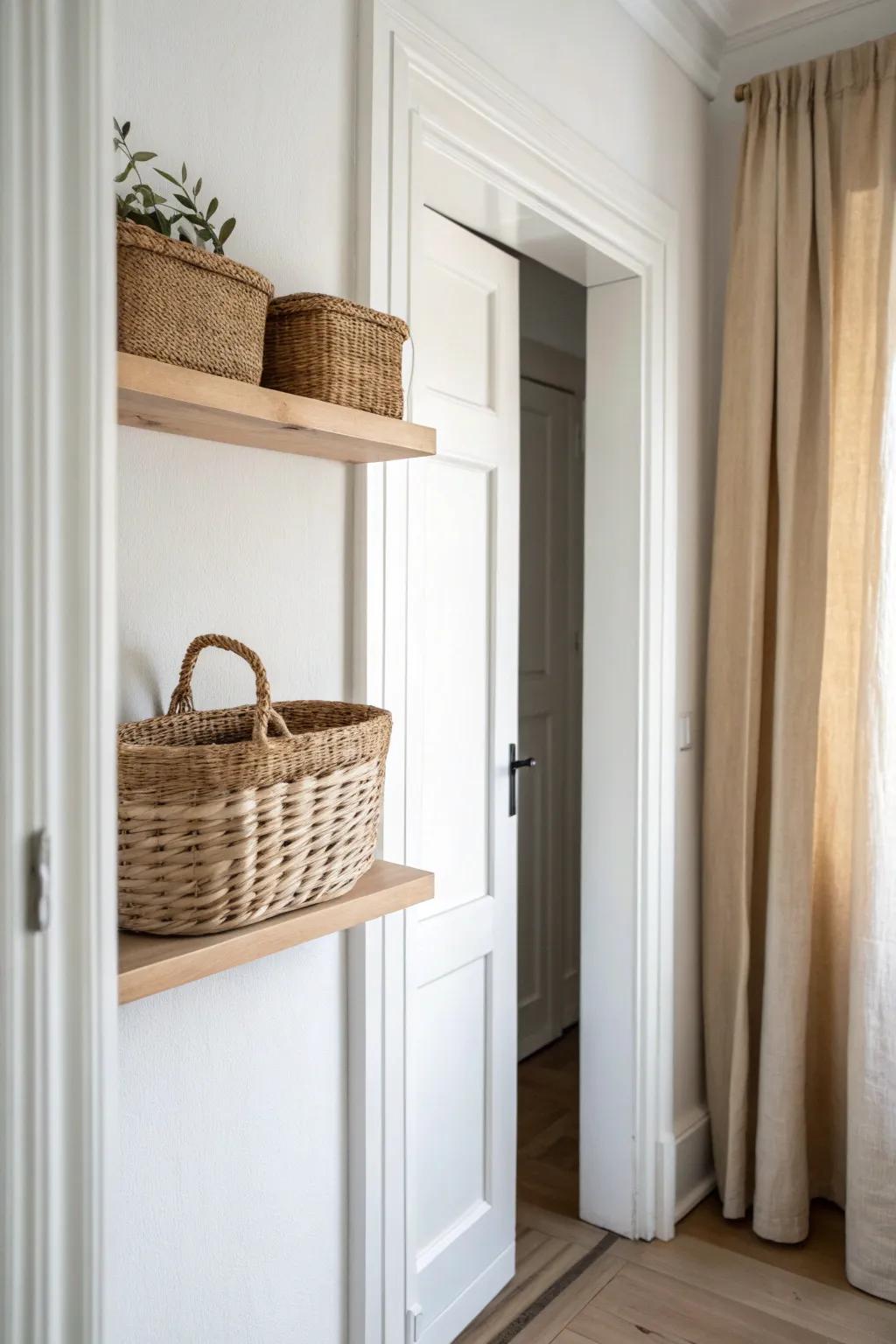 Use the space above the door—one woven basket shelf keeps backups tucked away beautifully.