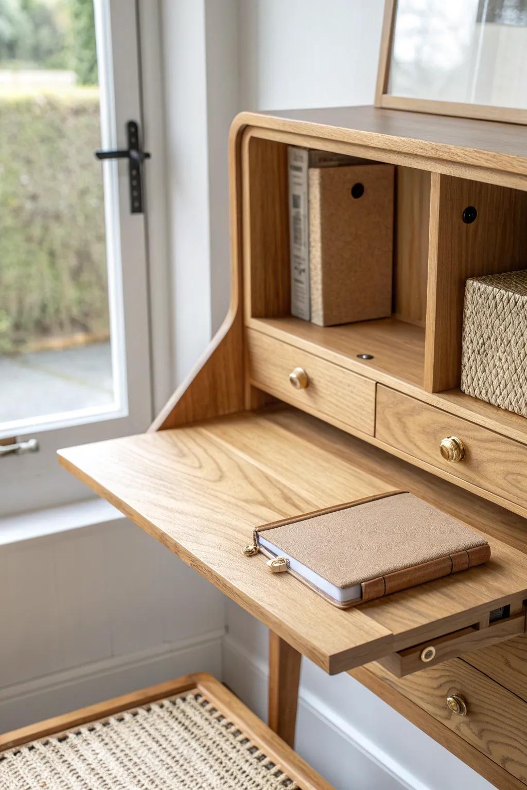 A fold-down wall desk that vanishes after work—perfect beside a queen bed in a small room.