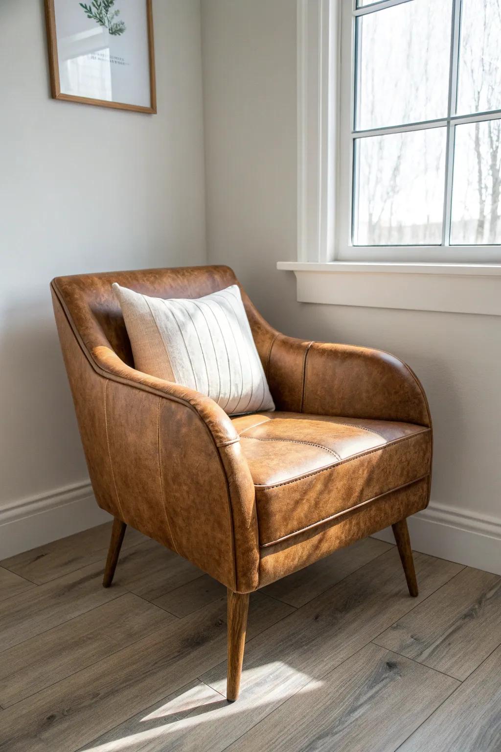 One leather-look accent chair adds rustic cabin warmth—perfect for a small, airy living room.
