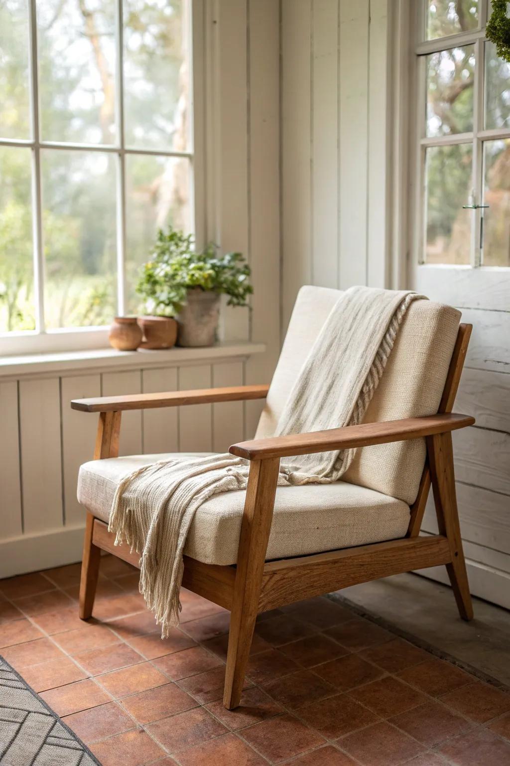 A cozy reading chair by the brightest window—simple, rustic, and made for slow mornings.