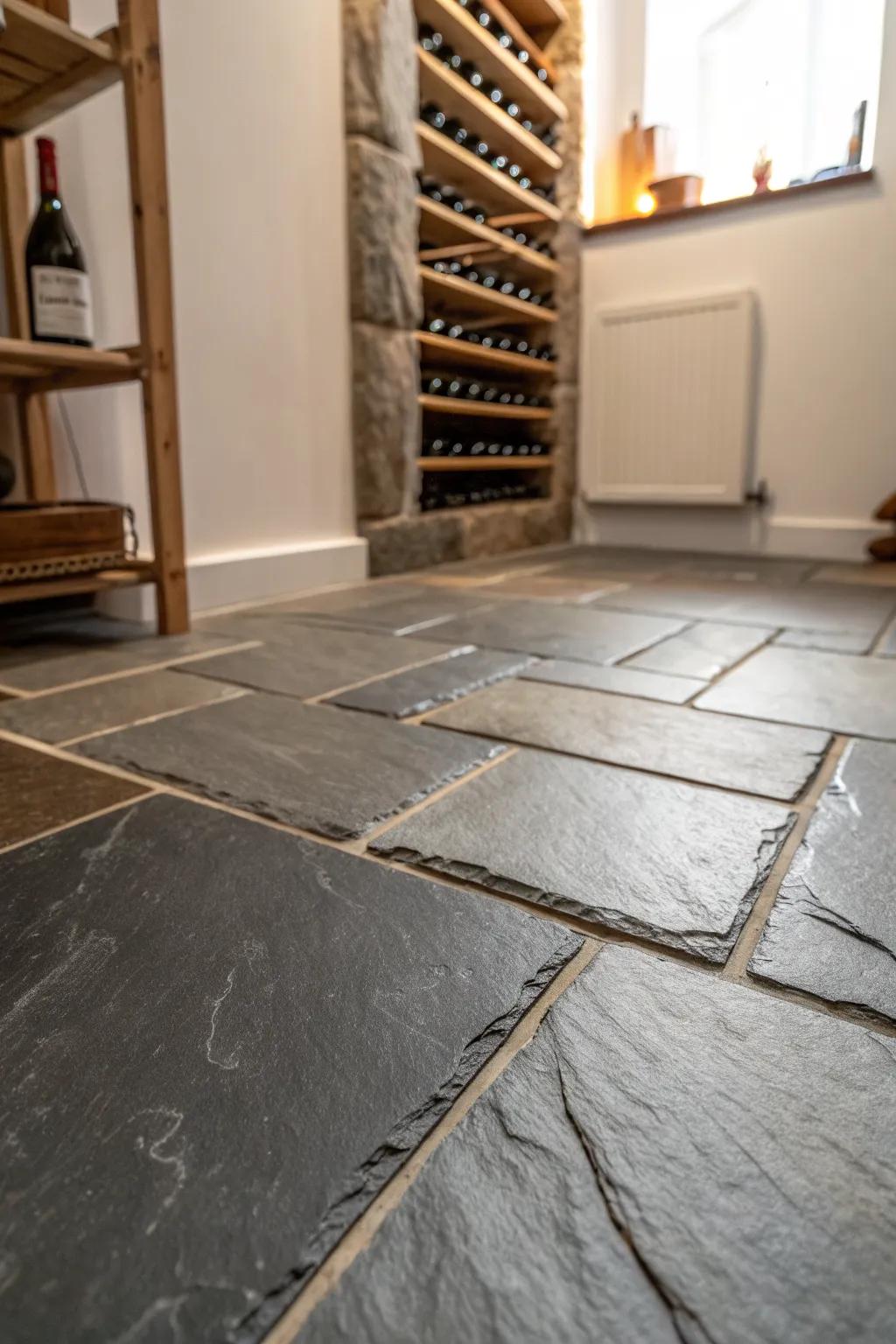 Slate-look floor tiles make a tiny closet wine cellar feel rustic and finished instantly.