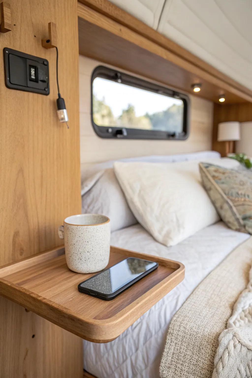 A slim floating shelf doubles as an RV nightstand—just room for your phone and water.