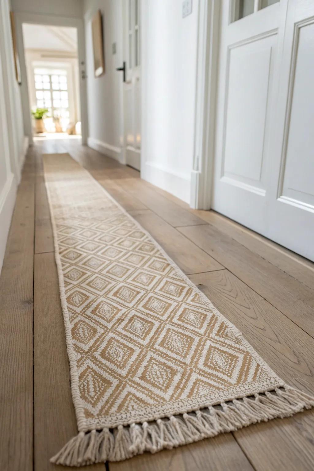 A long neutral runner rug that visually stretches a narrow salon hallway and keeps it tidy.