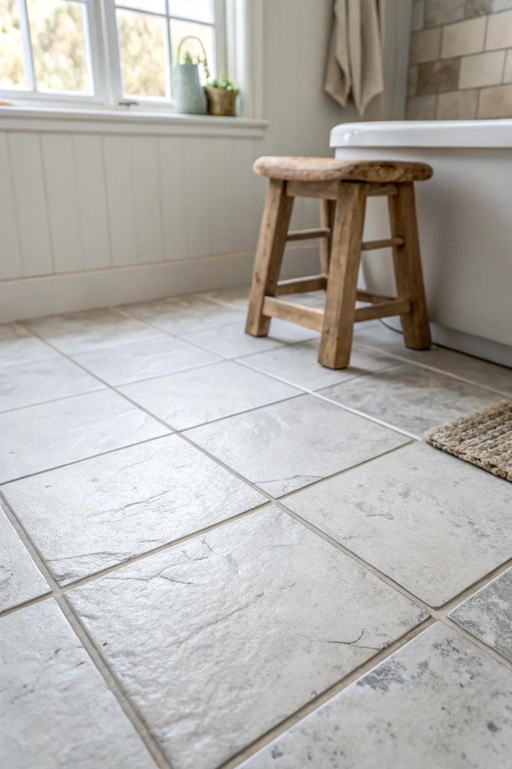 Pale gray tiles add gentle depth—bright, calm contrast for a small Scandinavian bathroom.