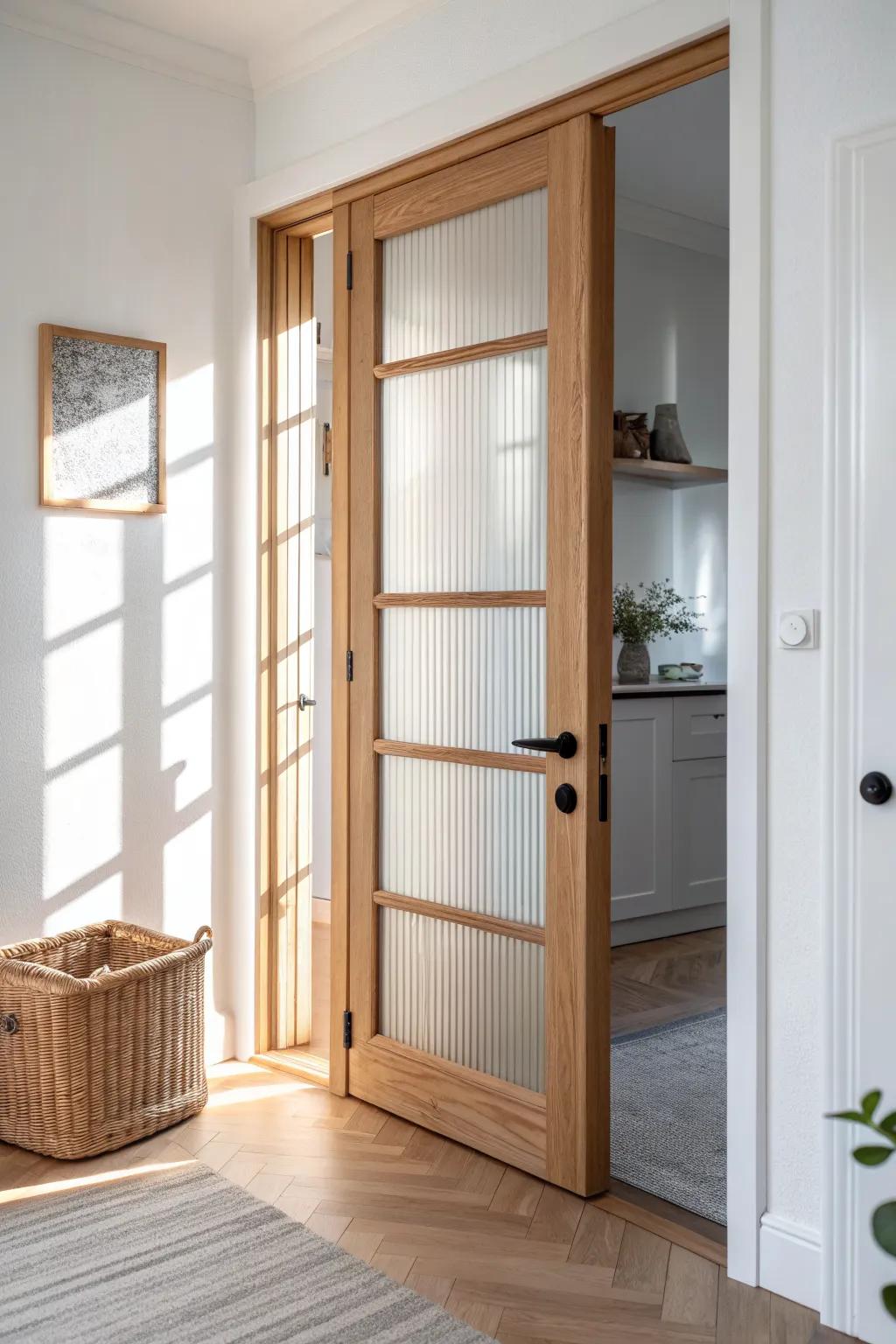 Borrow light in a tiny scullery with a reeded glass-panel door—airy, private, and bright.