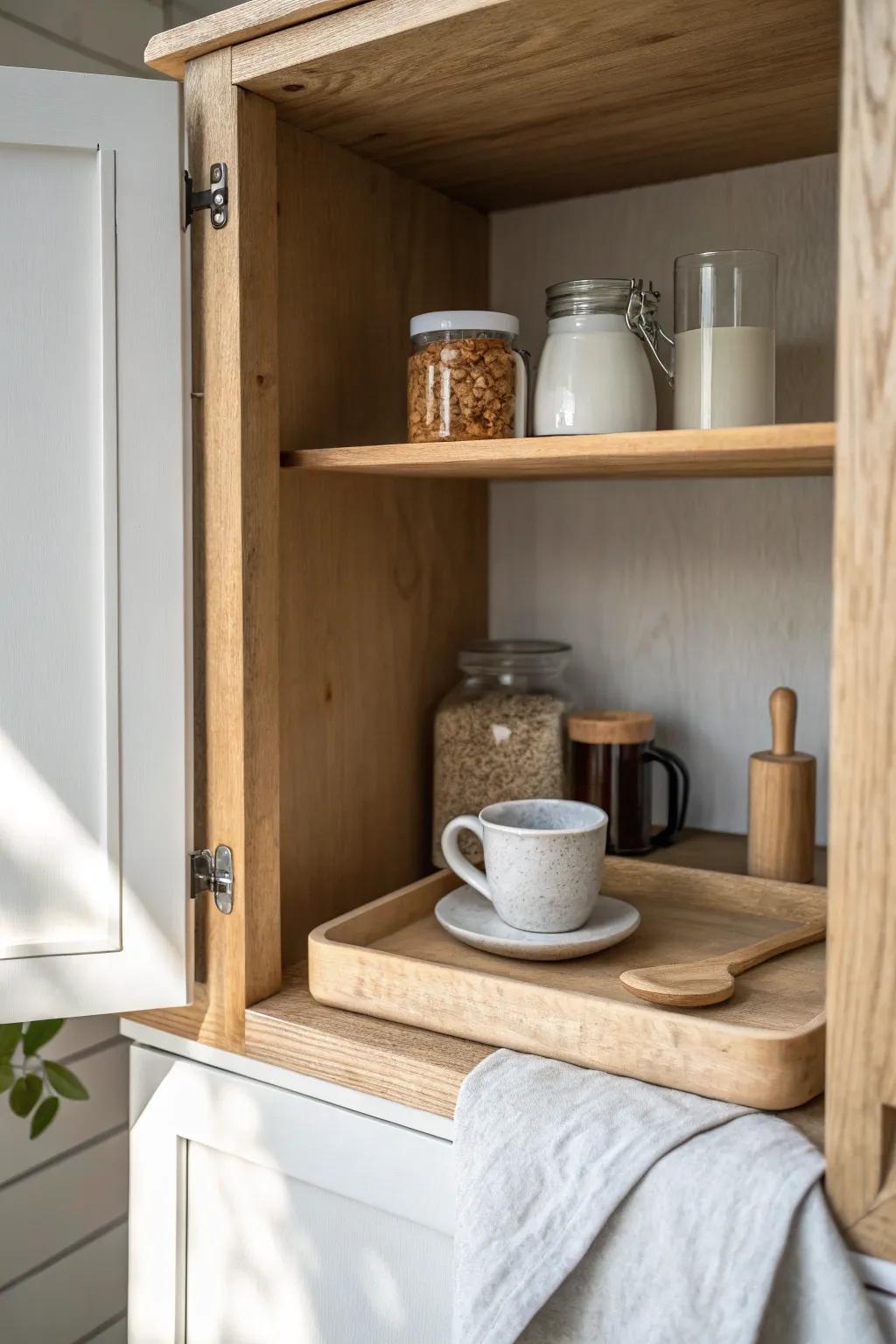 A one-cabinet coffee nook that keeps your small shed office cozy, tidy, and efficient.