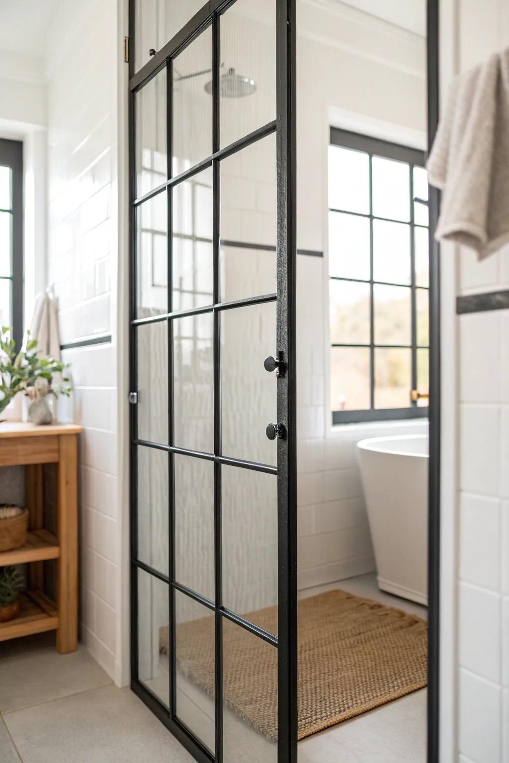 Grid-style glass door: sleek black lines that make a tiny shower the main style moment.
