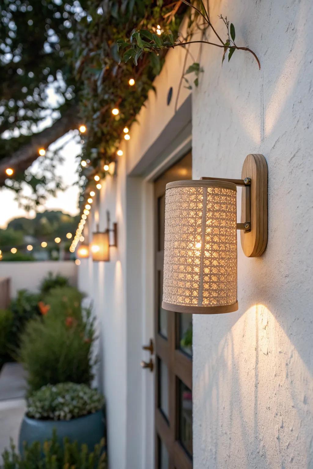 A warm wall sconce + soft ambient glow makes a narrow side patio feel inviting and safe.