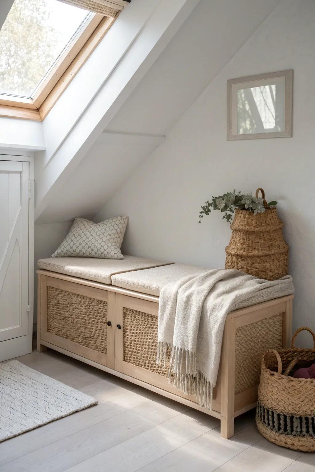 A slim attic bench that doubles as linen storage—cozy mini dressing spot under the slope.