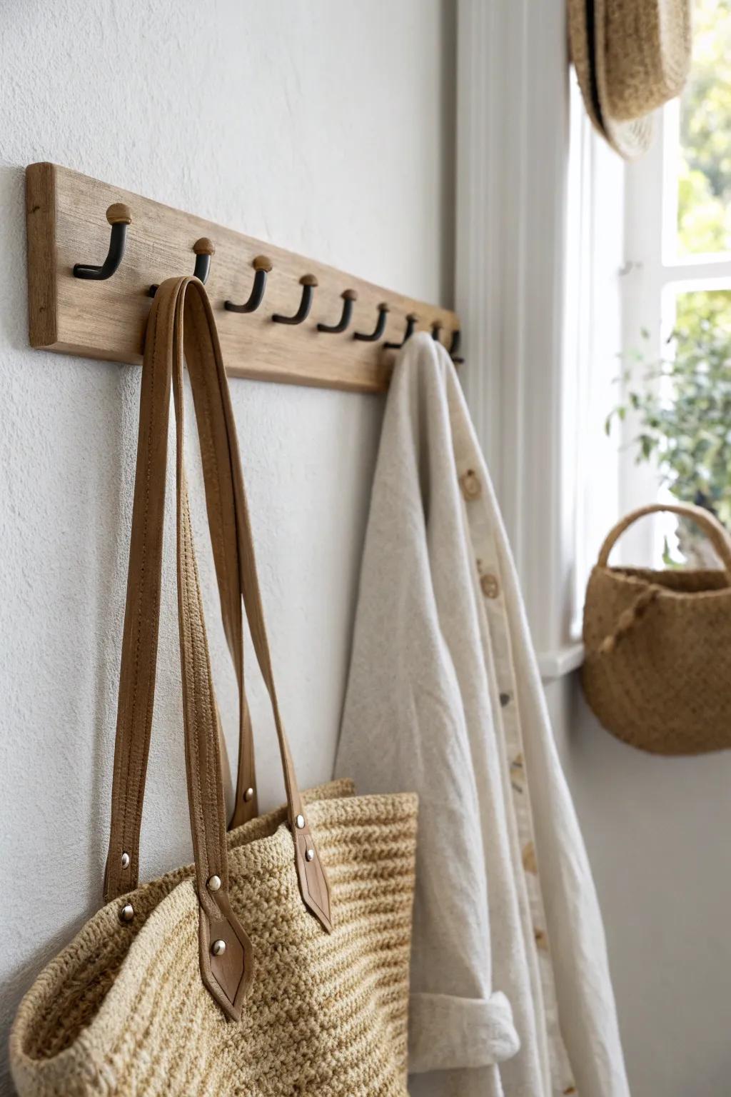 A simple row of oak hooks keeps guest outfits off the chair and the room feeling calm.