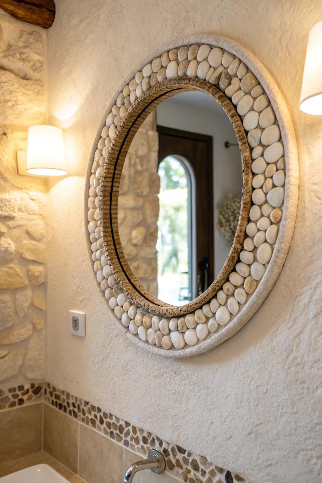 A mosaic stone border instantly frames your mirror with texture—big impact, zero clutter.