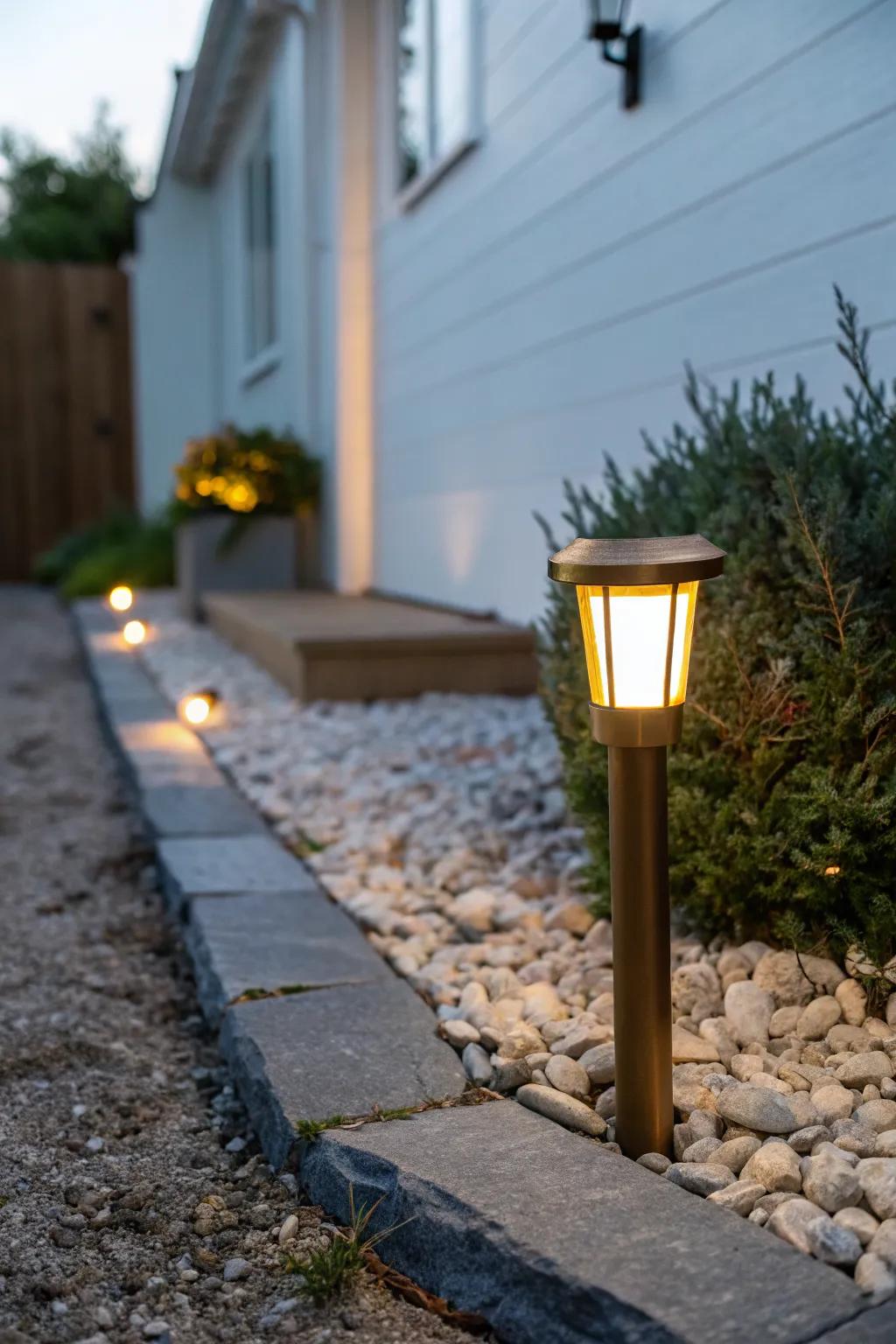 A single warm path light adds a welcoming glow and instant elegance to a tiny front garden.