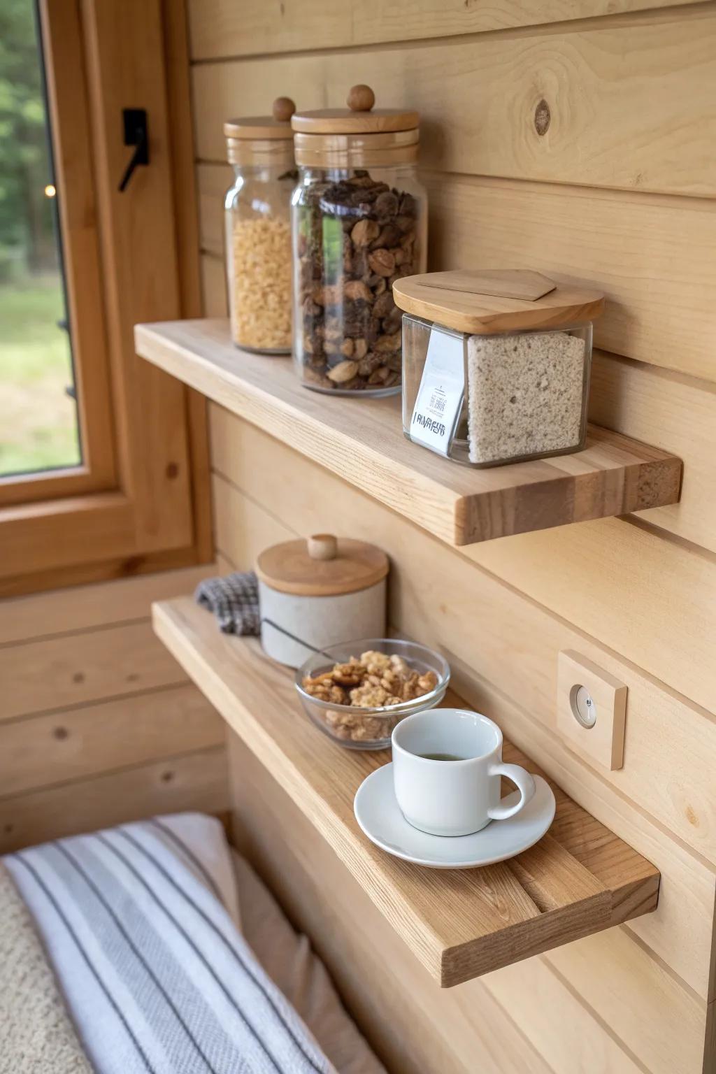 A narrow oak snack shelf with lidded jars and a tiny drink station—treehouse tidy and charming.