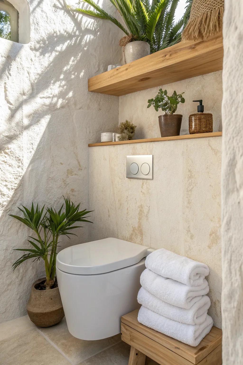A slim tropical shelf above the toilet adds greenery and storage without stealing space.