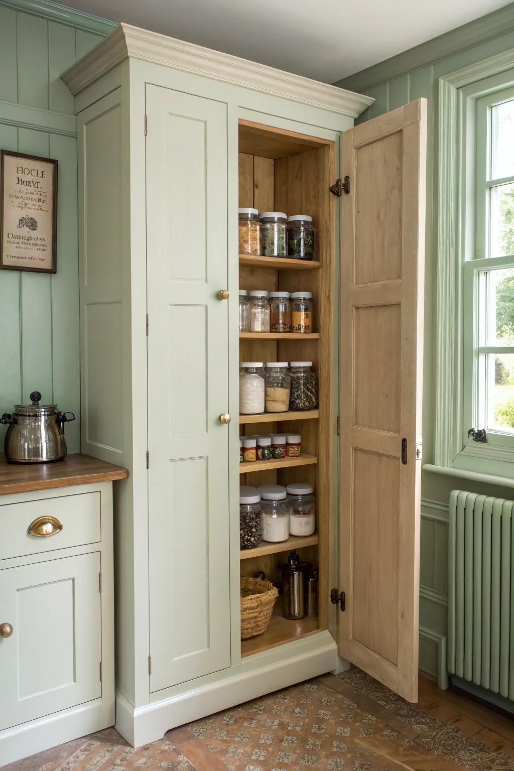 A skinny “old scullery” pantry cabinet that stores jars, tea, and baking essentials in style.