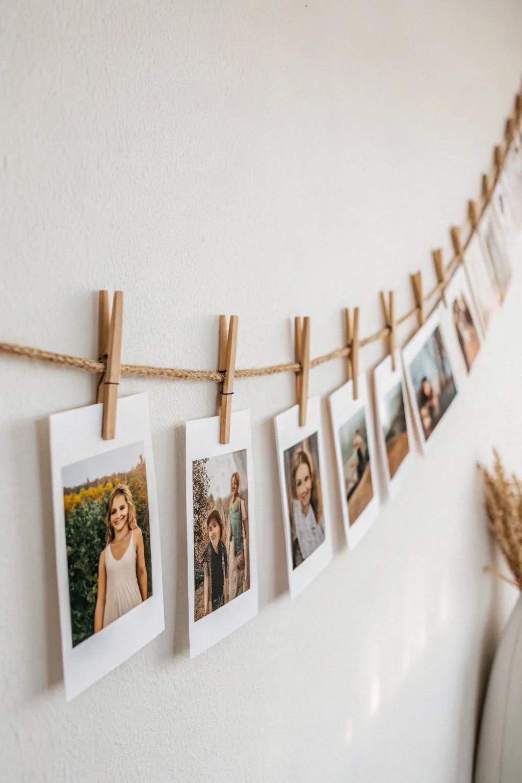 Turn a skinny wall into a memory moment—swap family photos anytime on a simple clip line.
