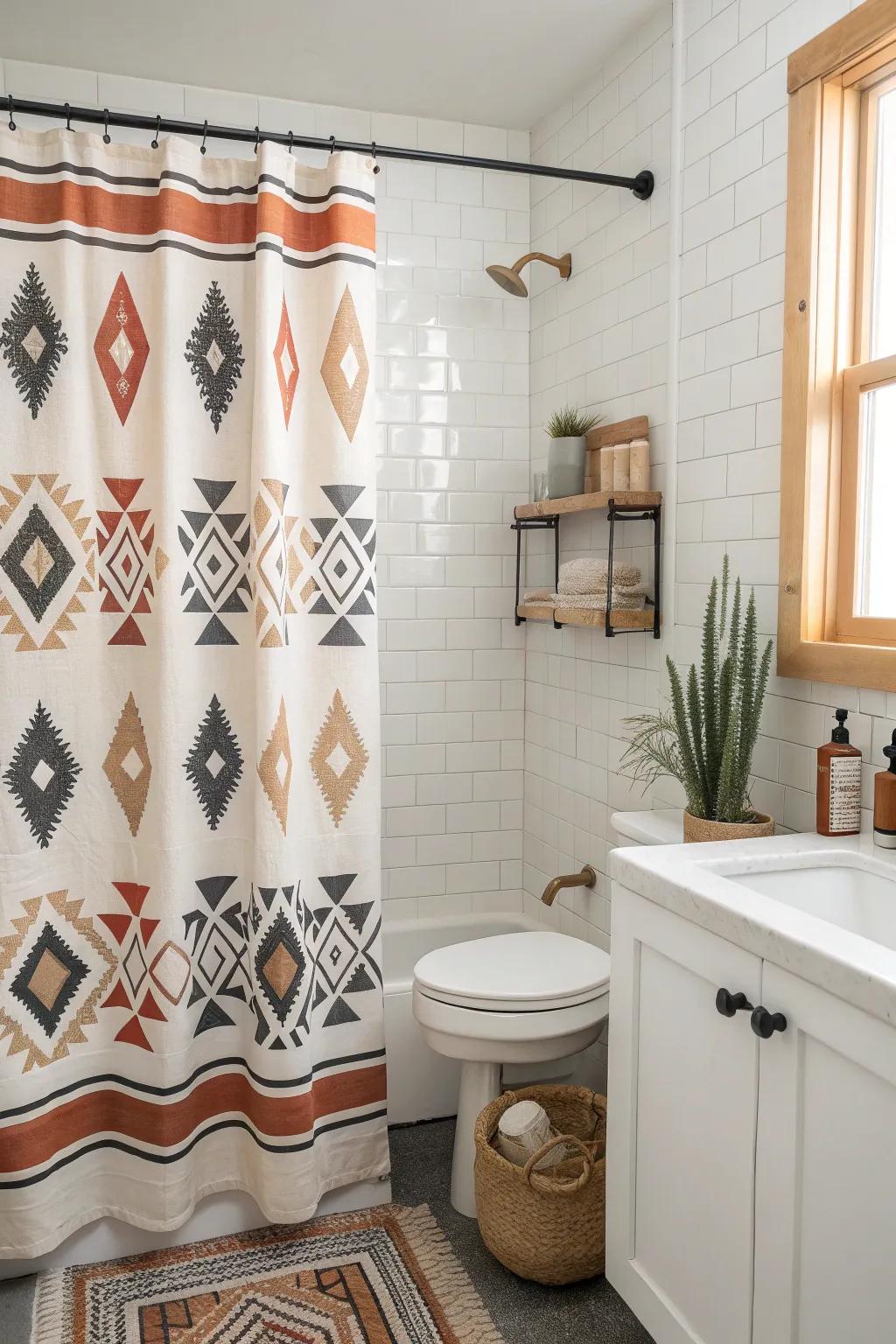 Bold geometric Western shower curtain—an instant small-bath upgrade that stays cozy, not loud.