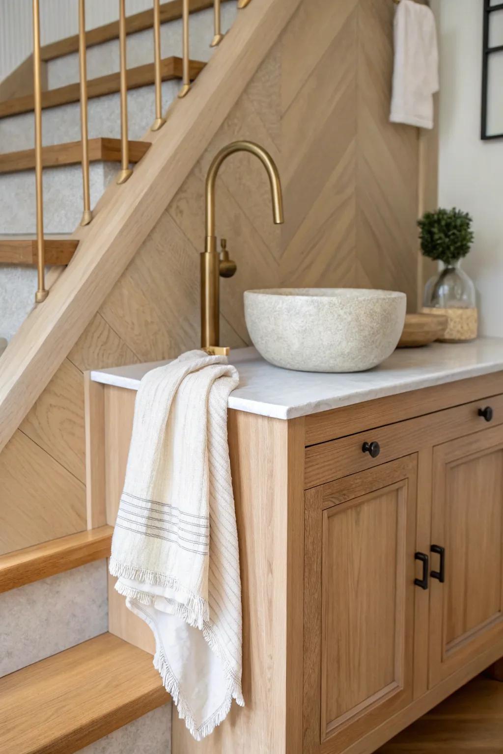 A secret under-stair wet bar moment—custom-depth cabinetry and a warm brass faucet glow.