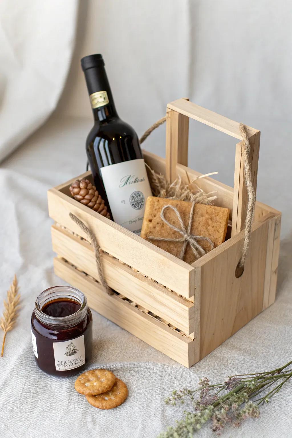 Rustic mini wood crate wine basket—bottle, crackers, and spread, perfect for small spaces.