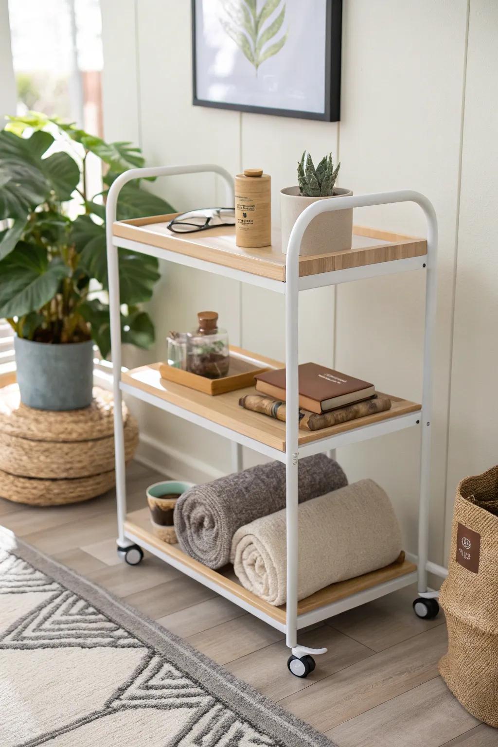 A rolling cart yoga station keeps props, towel, and journal tidy—then tucks away in seconds.