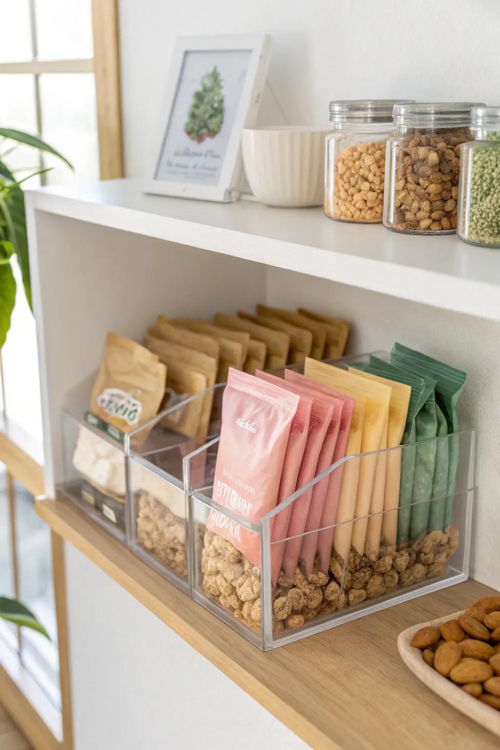 Mini “snack shop” vibes: sort by category, then by color for an easy, pretty restock.