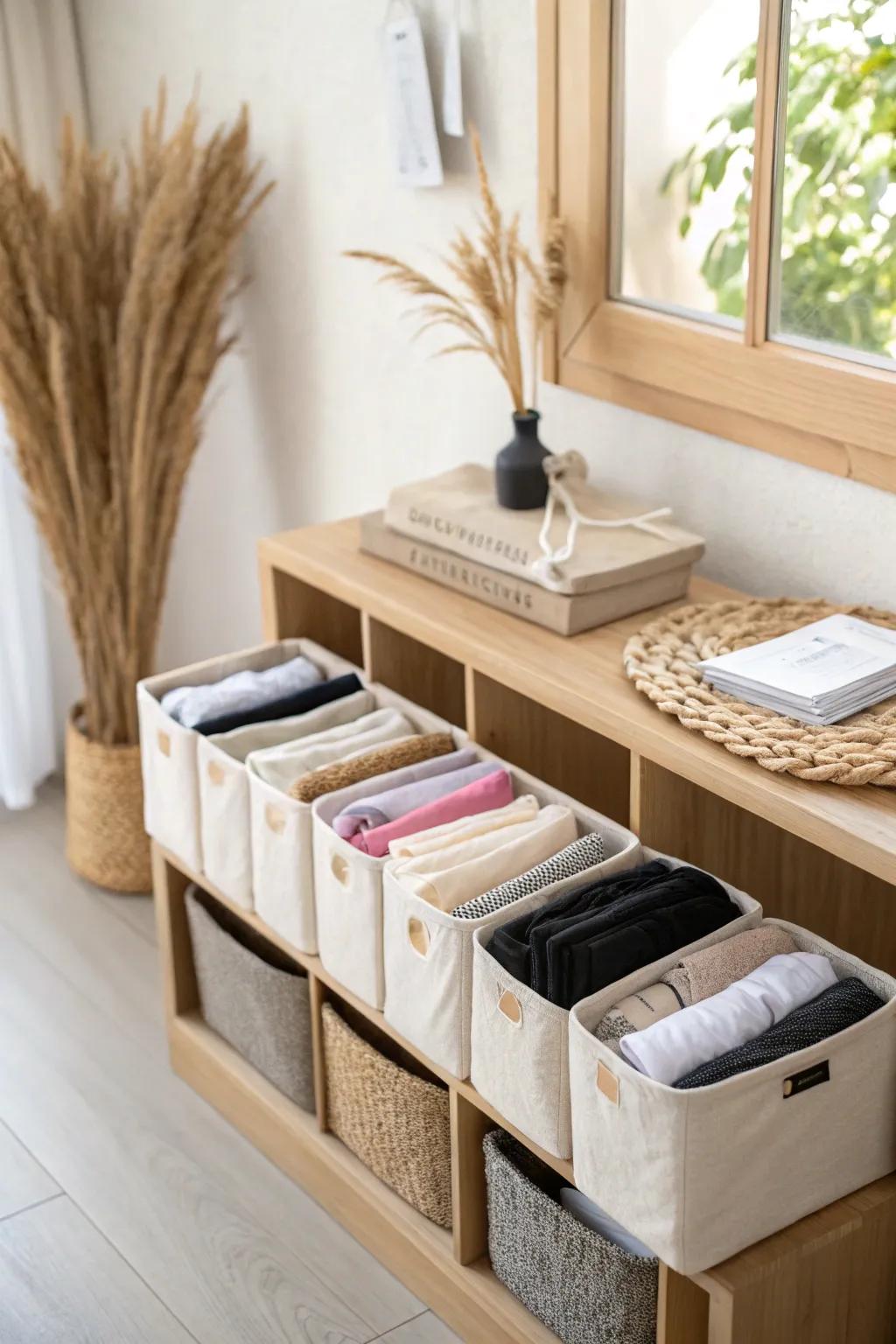 Slim vertical sock bins lined up like files—neat categories, zero digging, perfect for tiny drawers.