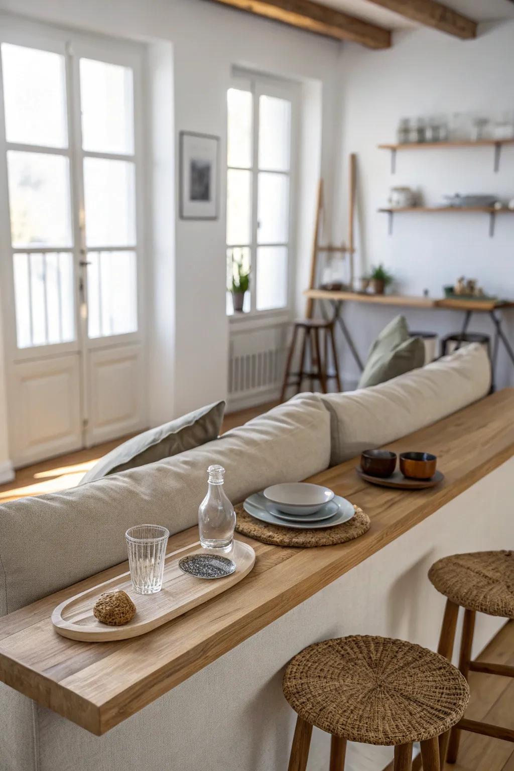 Turn the space behind a floating sofa into a slim snack bar ledge for easy hosting.