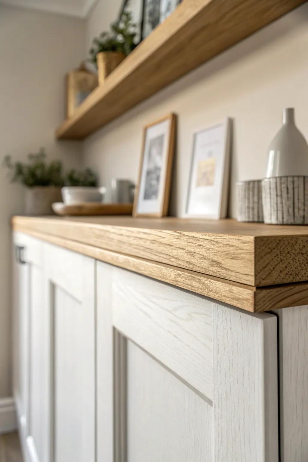A slim oak picture ledge above cabinets adds a layered, curated look without clutter.
