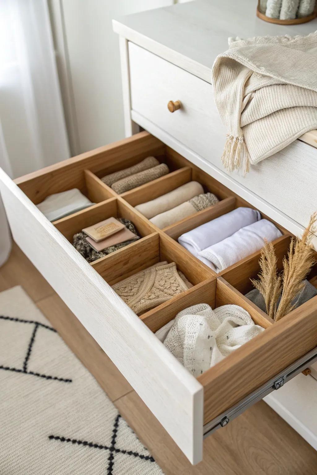 Stop “sock soup” with chic drawer dividers—see everything at a glance in small closets.