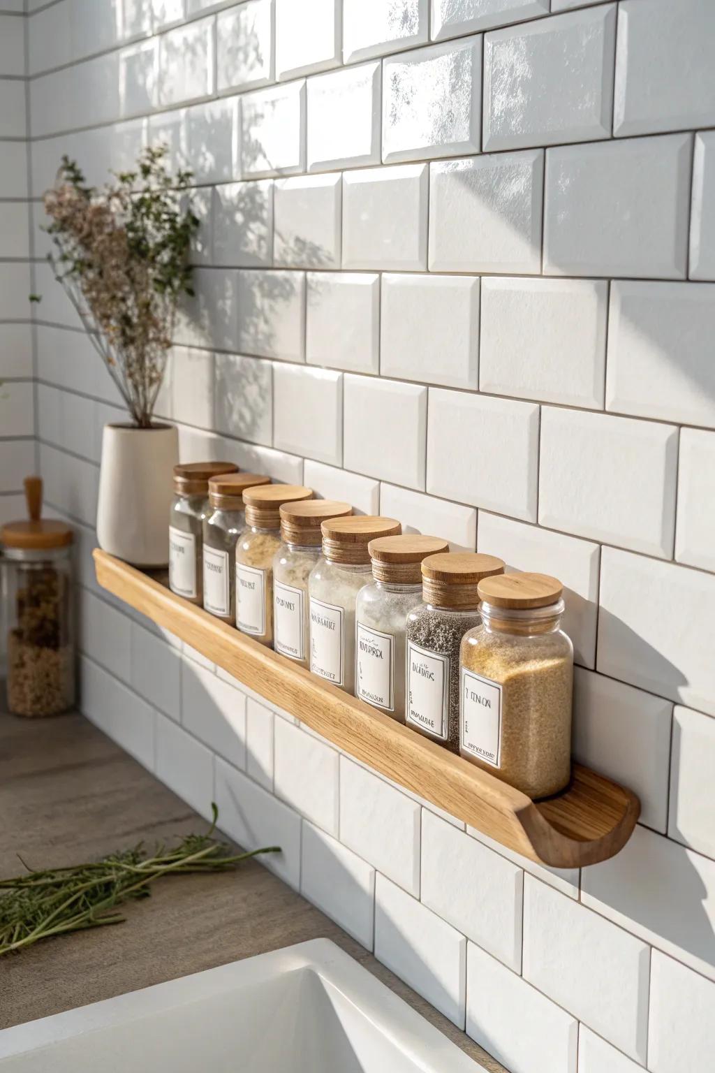 A slim wall ledge turns blank backsplash space into a chic, practical spice display.
