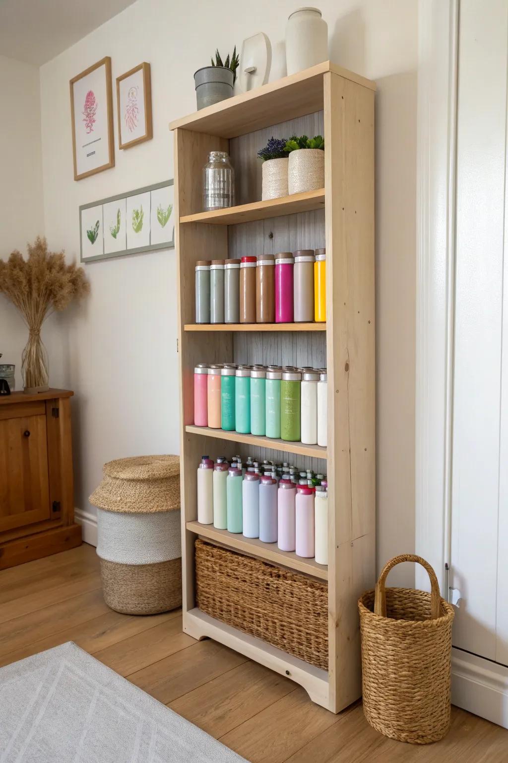 A shallow bookcase + slim rails creates a chic, color-sorted spray paint storage display.