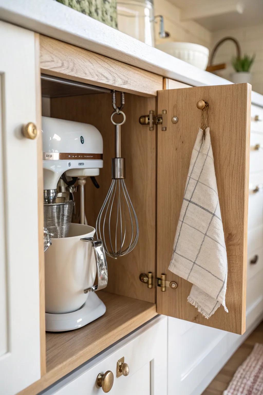 Hang mixer attachments inside the cabinet door for tidy, drawer-free storage in small kitchens.
