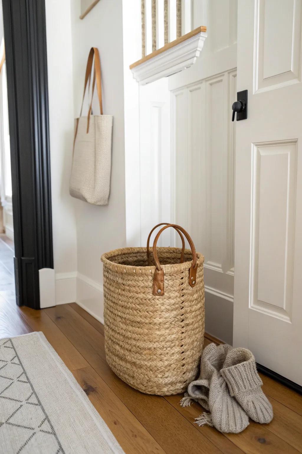 A chic catch‑all entryway bin keeps hats, dog gear and totes contained in a tiny hallway.