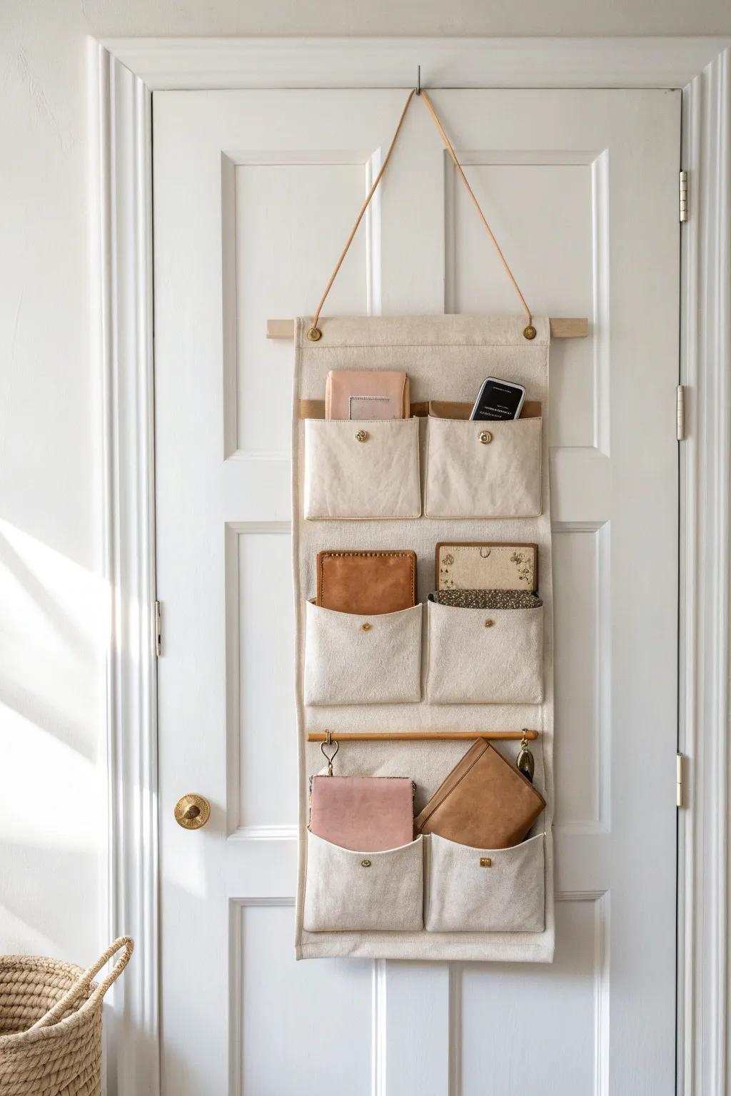 A hidden purse wall: over-the-door pockets keep bags off the floor and within reach.
