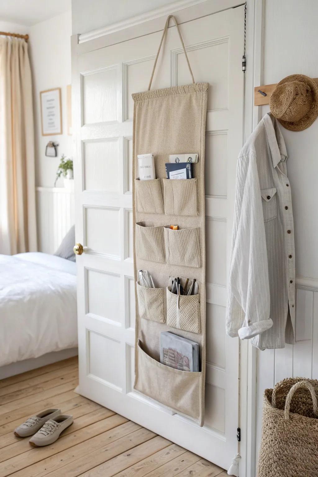 Over-the-door organizer in linen tones—easy storage for bags, robes, and rewearable knits.