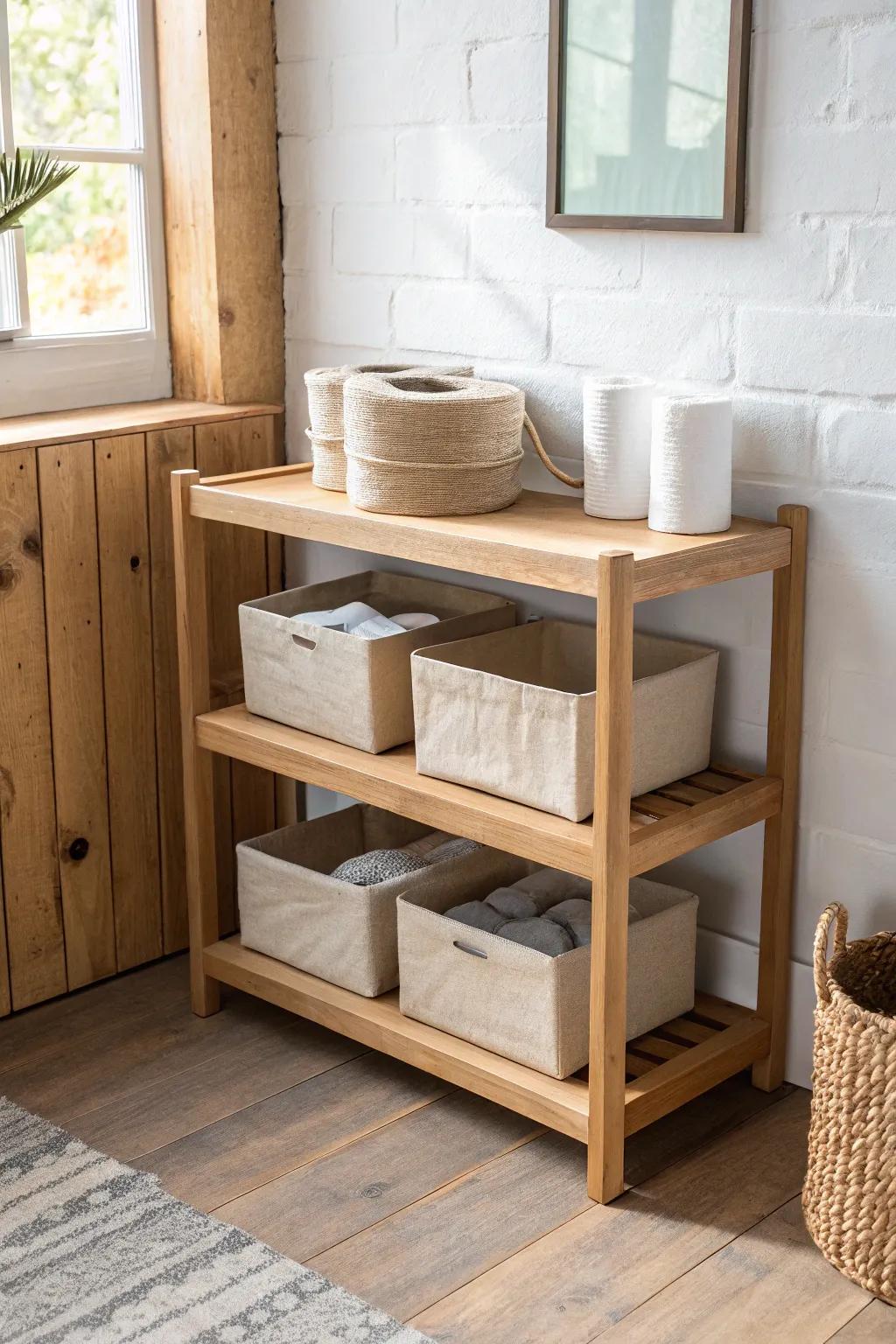 Deep bottom shelves keep heavy essentials low, tidy, and easy to lift in small storage rooms.