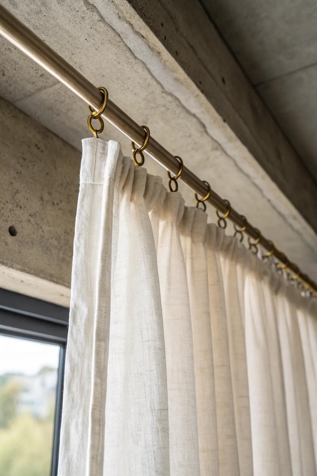 A ceiling curtain track creates a soft, space-saving divider—privacy at night, light by day.
