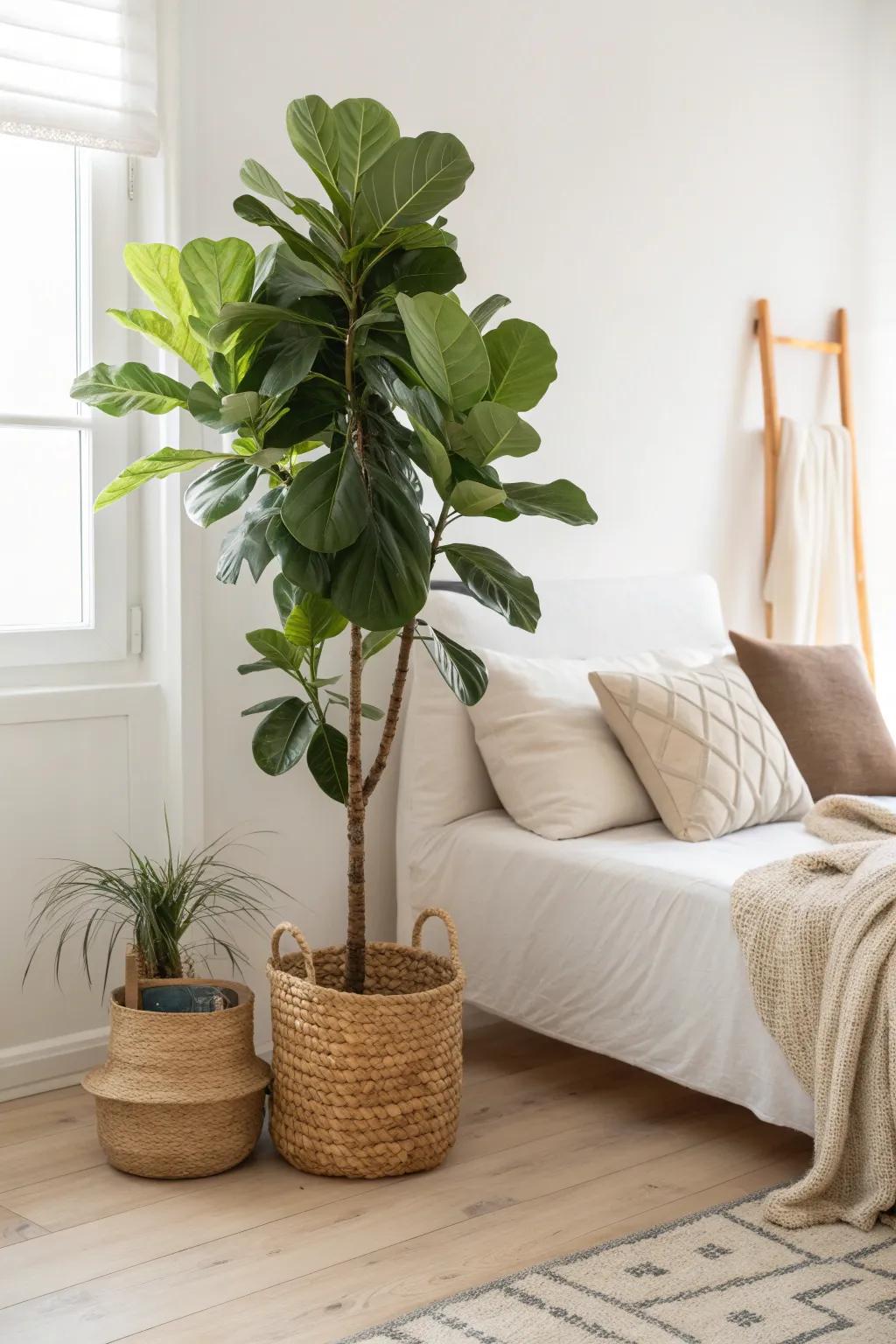 One statement plant softly separates bed and sofa—no wall needed, just fresh, airy studio style.