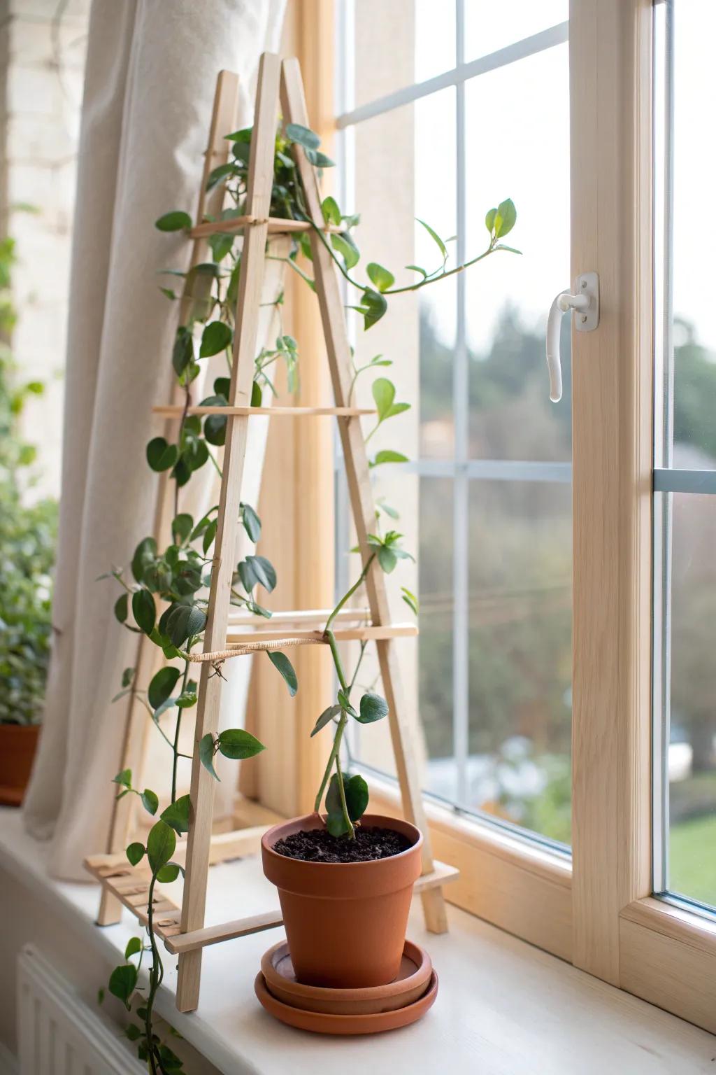 Train a hoya upward on a simple trellis to save space and add sculptural sunroom style.
