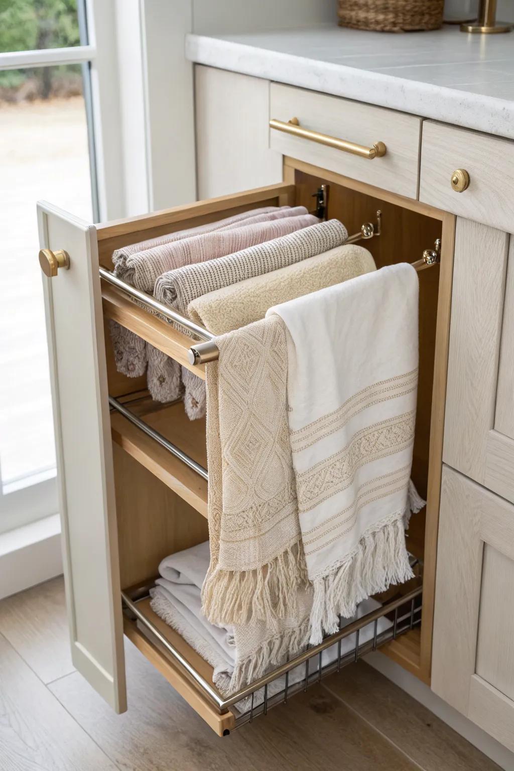 Slide-out rails turn a skinny pantry gap into effortless, wrinkle-free tablecloth storage.