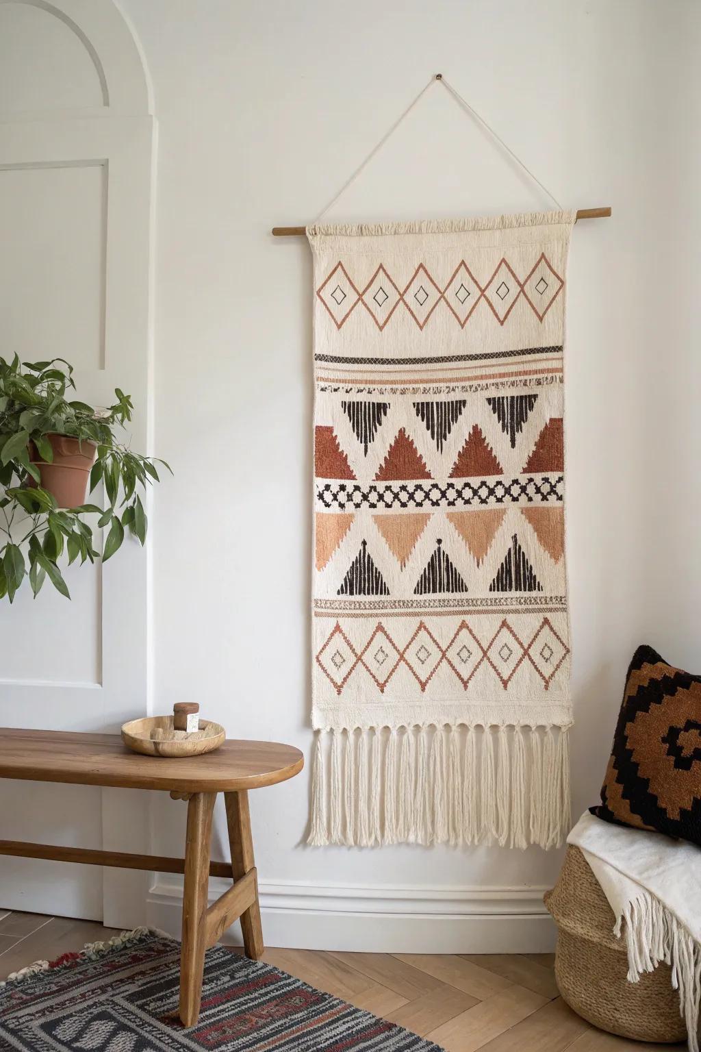 One oversized tapestry transforms a tiny dining nook—minimal effort, maximum cozy texture.