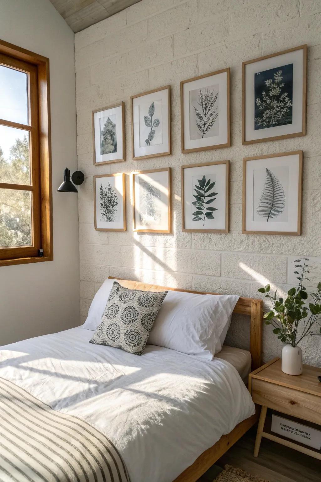Mini gallery wall above the bed: thrifted frames add teen style without taking up space.