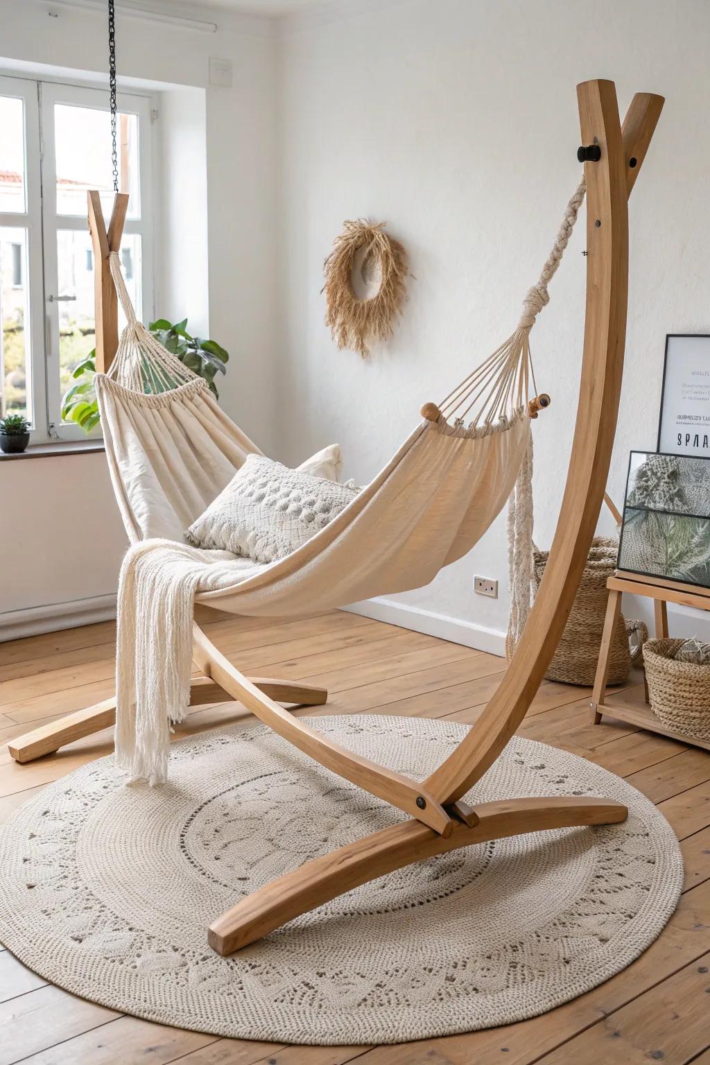 A hammock stand sleep spot that saves floor space—cozy, airy, and beautifully minimal.