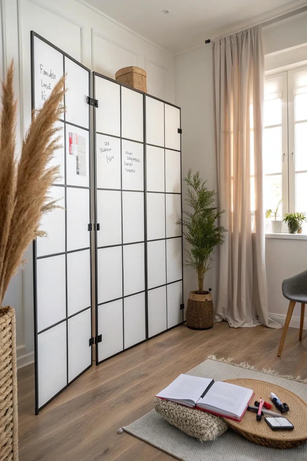 A peel-and-stick whiteboard wall on a divider—temporary, chic, and perfect for tiny work zones.