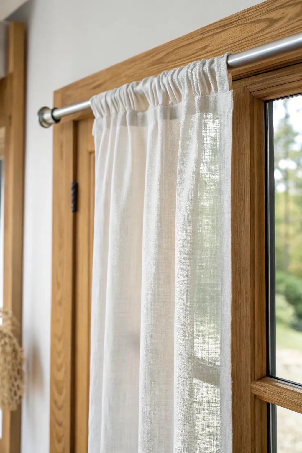 Two tension rods—top and bottom—keep door curtains neat, tidy, and swing-free.