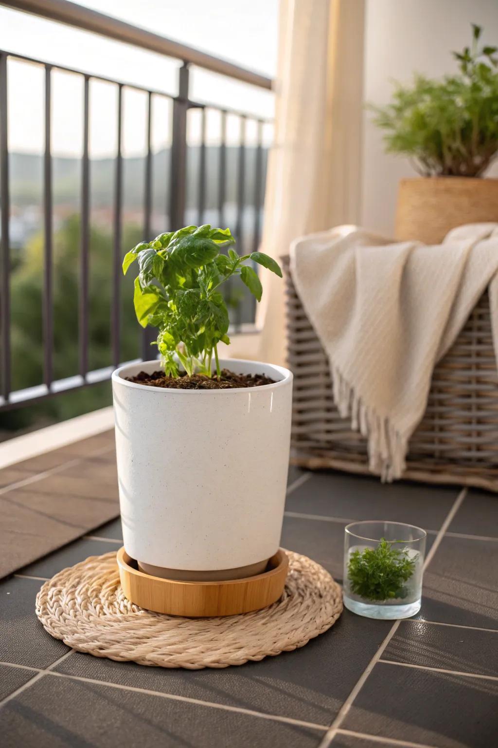 A chic self-watering planter keeps terrace greens thriving—even when you miss a few days.