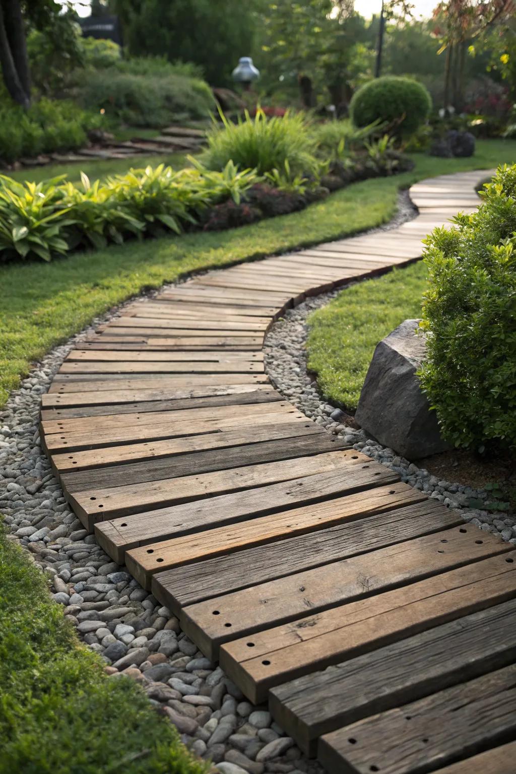 Transform your garden with a handcrafted wooden walkway that blends nature and craftsmanship.