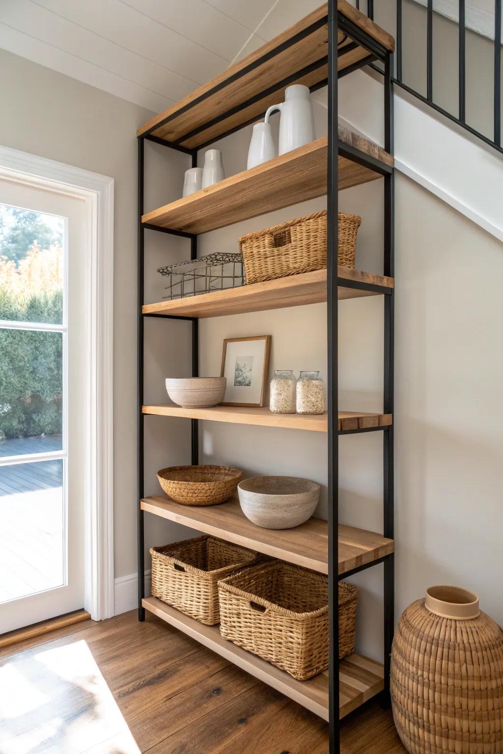 Ceiling-high shelves add budget-friendly storage while keeping tiny-home surfaces serene.